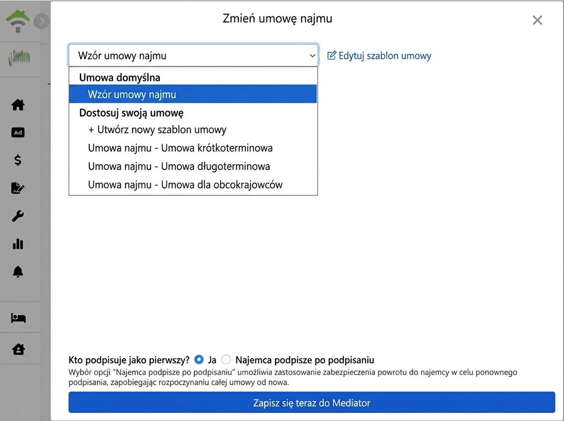 Wybierz szablon umowy: domyślny lub własny