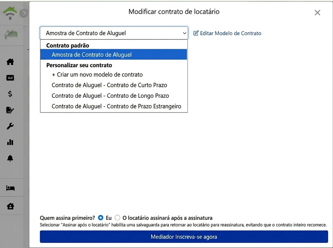 Selecionar modelo de contrato: modelo padrão e personalizado