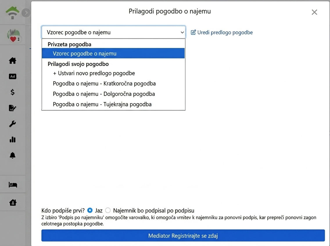 Izberite predlogo pogodbe: privzete in prilagojene predloge
