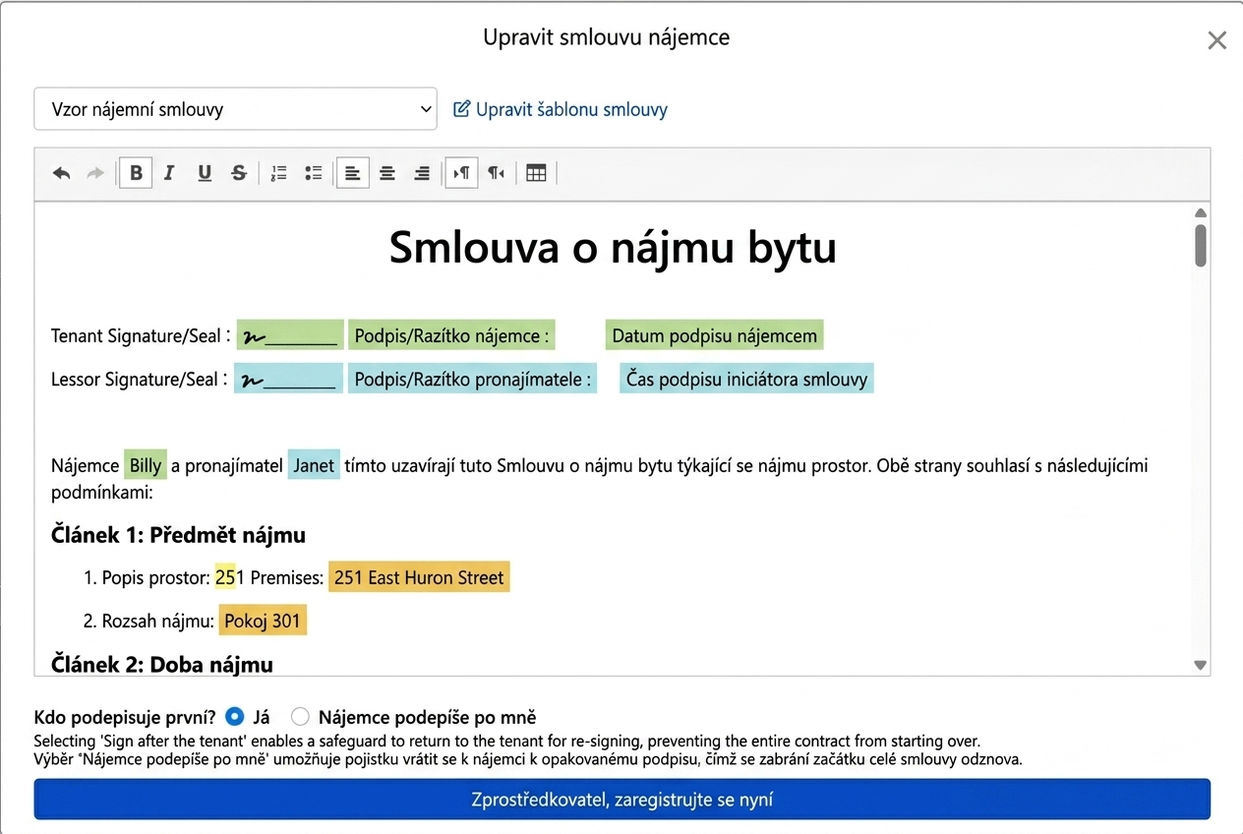 Šablona smlouvy automaticky vyplní údaje o smlouvě a podpisová pole