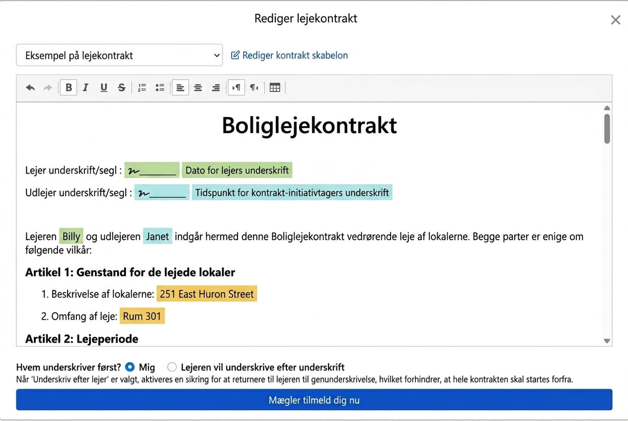 Kontraktskabelonen integrerer automatisk lejeoplysninger og underskriftsfelter