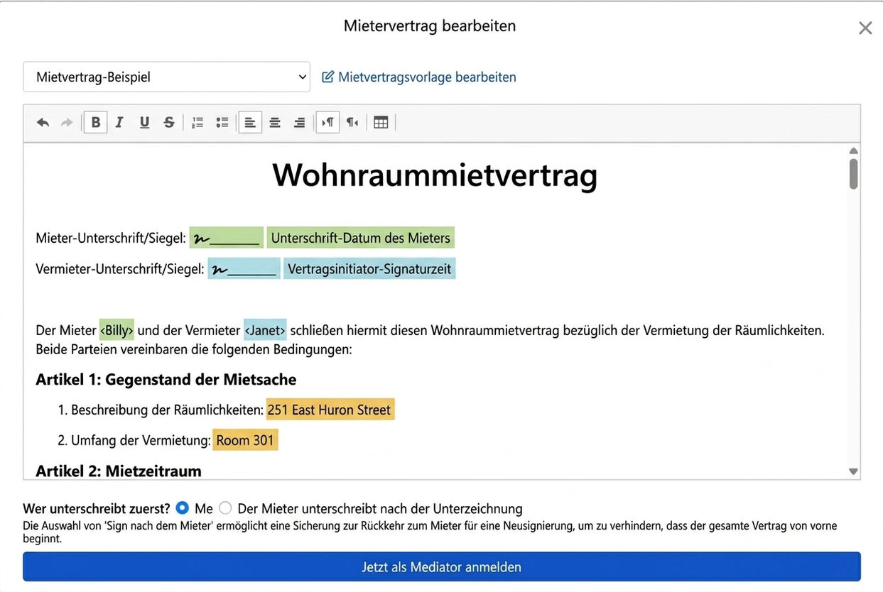 Vertragsvorlage füllt automatisch Mietvertragsinformationen und Unterschriftsfelder aus