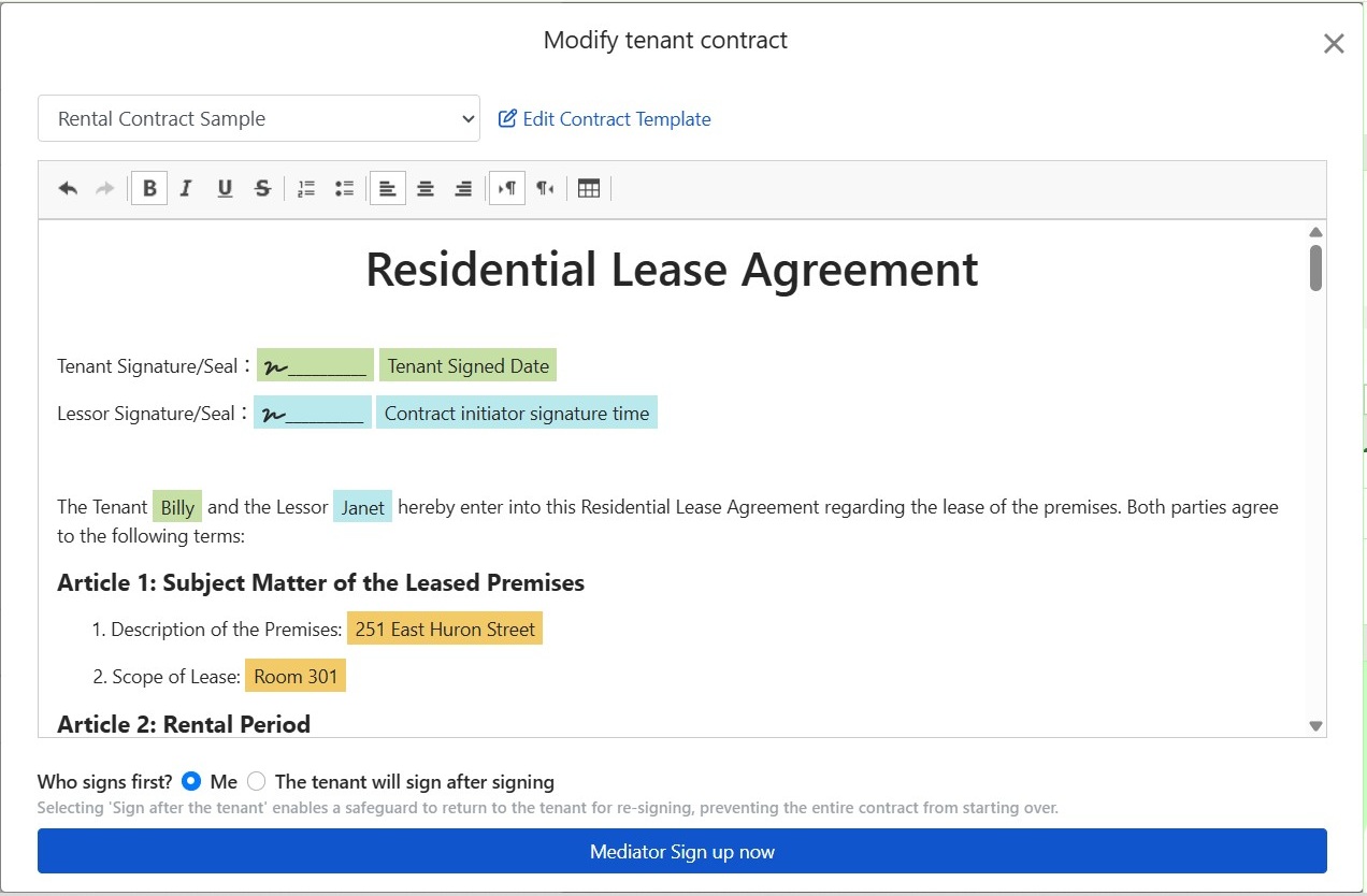 Contract template auto-fills lease data and signature fields
