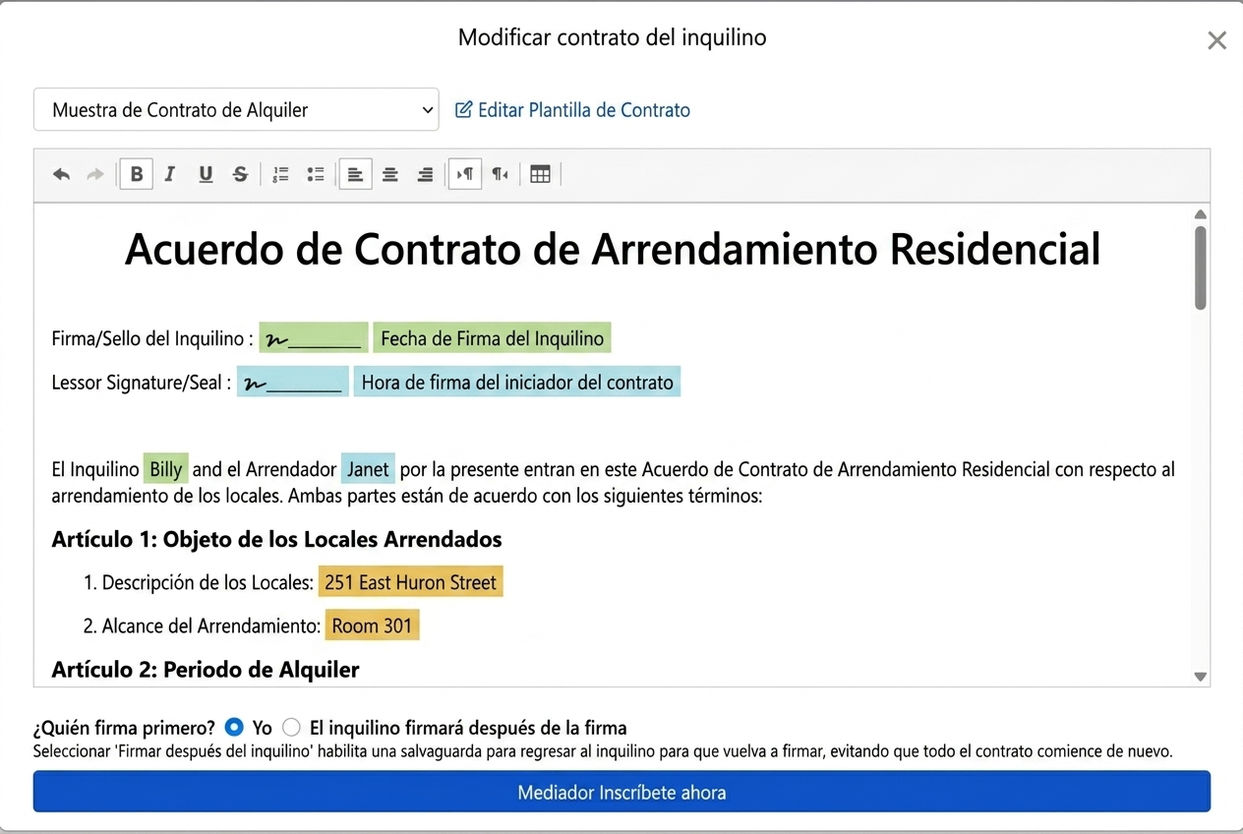 La plantilla de contrato llena automáticamente los datos del arrendamiento y los campos de firma