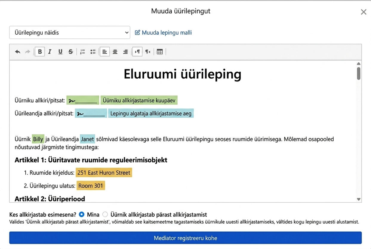 Lepingumall täidab automaatselt rentimisandmed ja allkirjaväljad