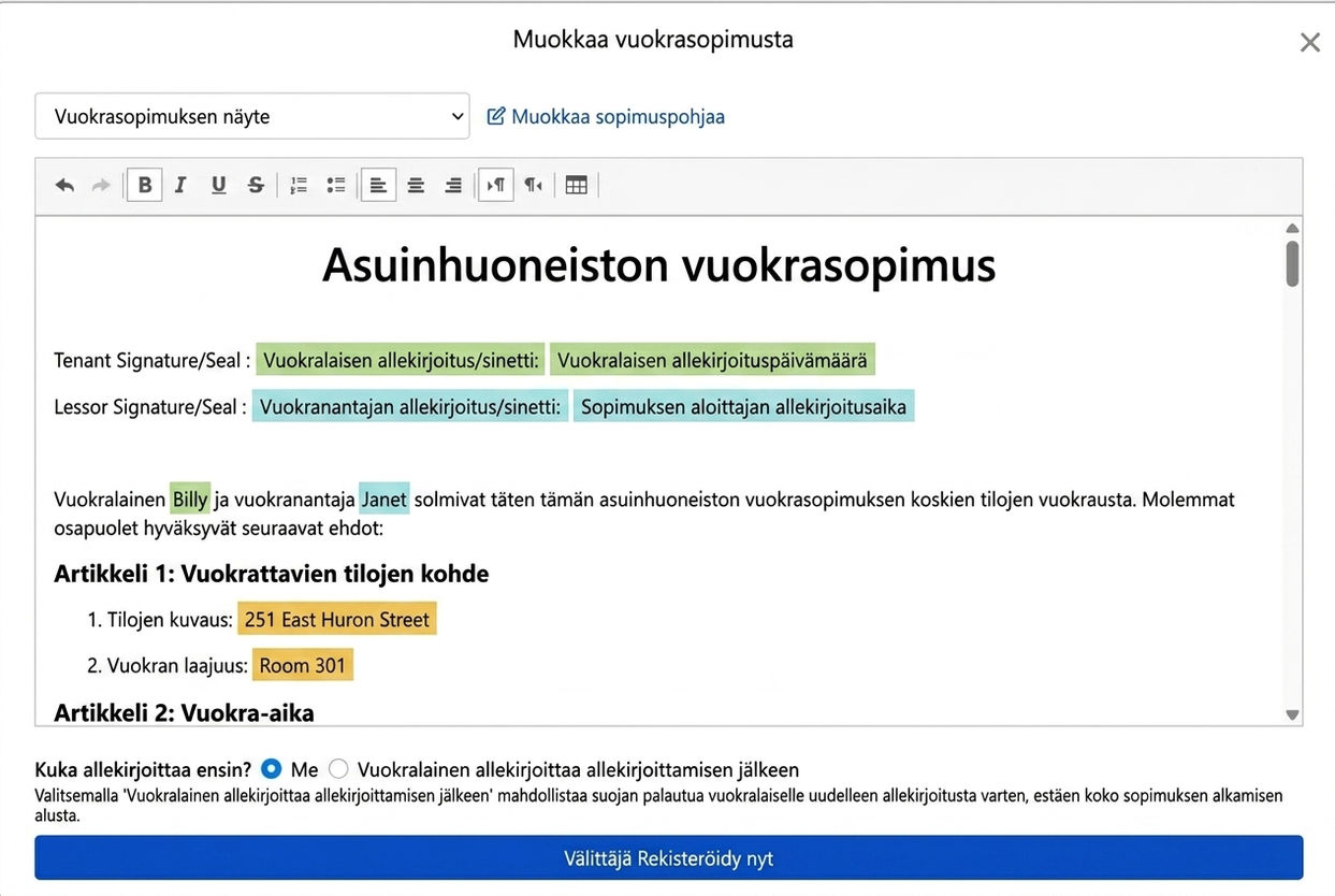 Sopimuspohja täyttää vuokrasopimustiedot ja allekirjoituskohdat automaattisesti