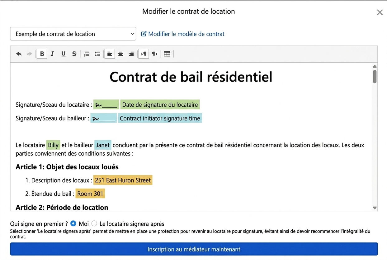 Le modèle de contrat intègre automatiquement les données de location et les champs de signature