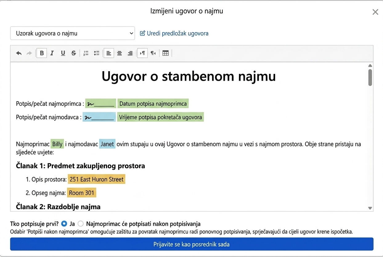 Predložak ugovora automatski popunjava podatke o najmu i polja za potpis