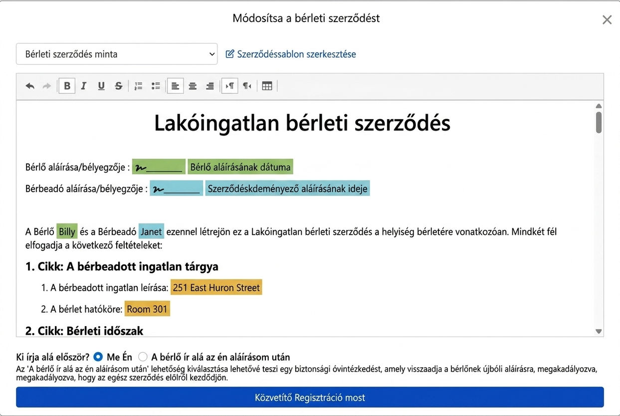 A szerződés sablon automatikusan kitölti a bérleti adatokat és az aláírási mezőket