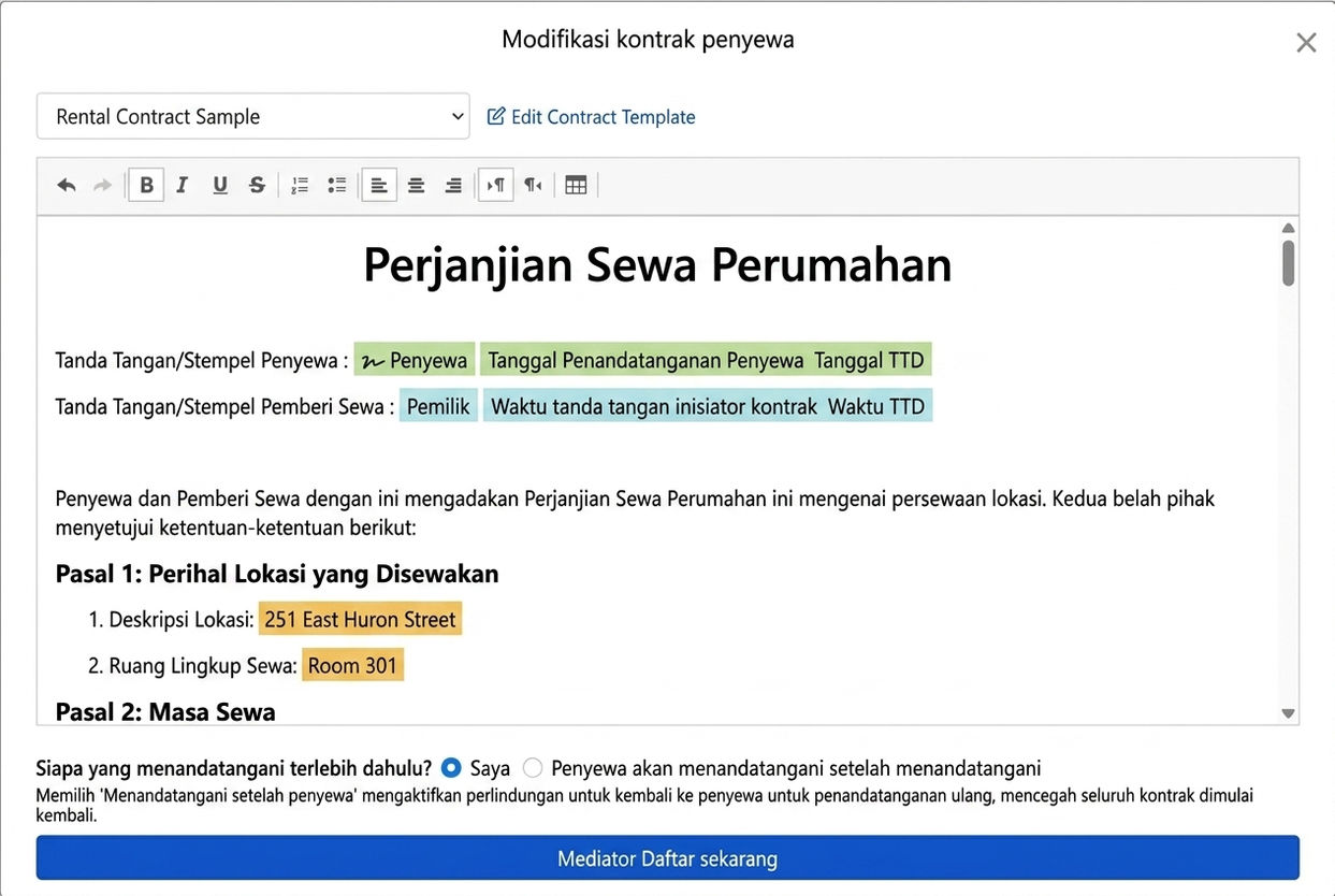Template kontrak otomatis mengisi data sewa dan kolom tanda tangan
