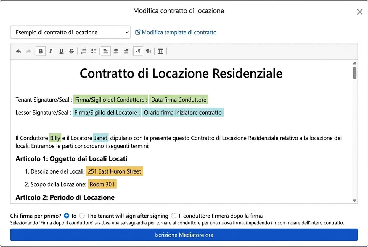 Il modello di contratto inserisce automaticamente i dati del contratto e i campi firma