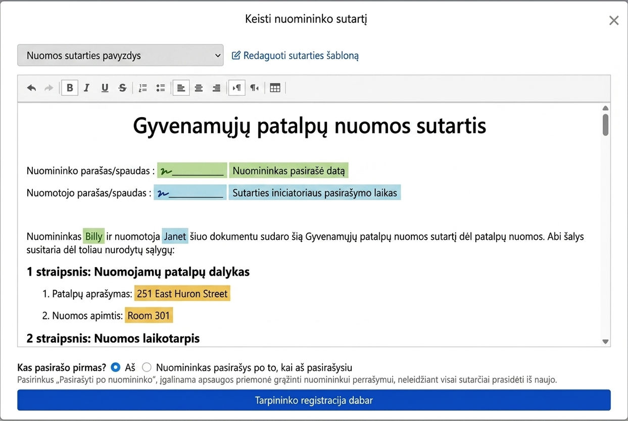 Sutarties šablonas automatiškai užpildomas nuomos duomenimis ir parašo laukeliais