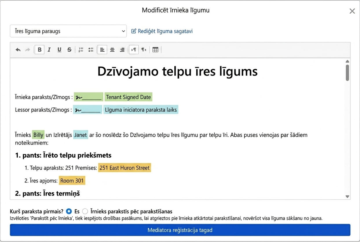 Līguma veidne automātiski aizpilda īres datus un paraksta lauku