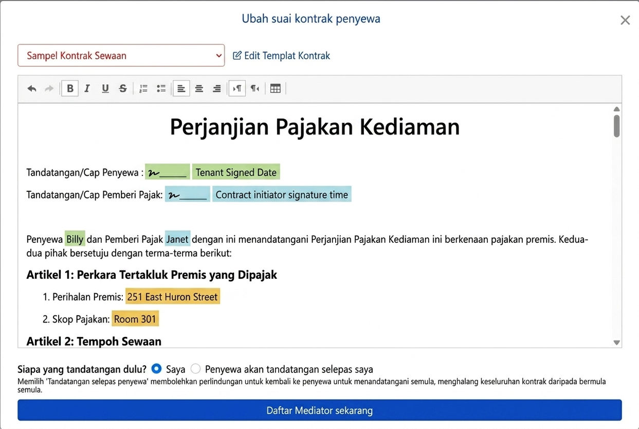 Templat perjanjian memasukkan data sewa dan ruangan tandatangan secara automatik