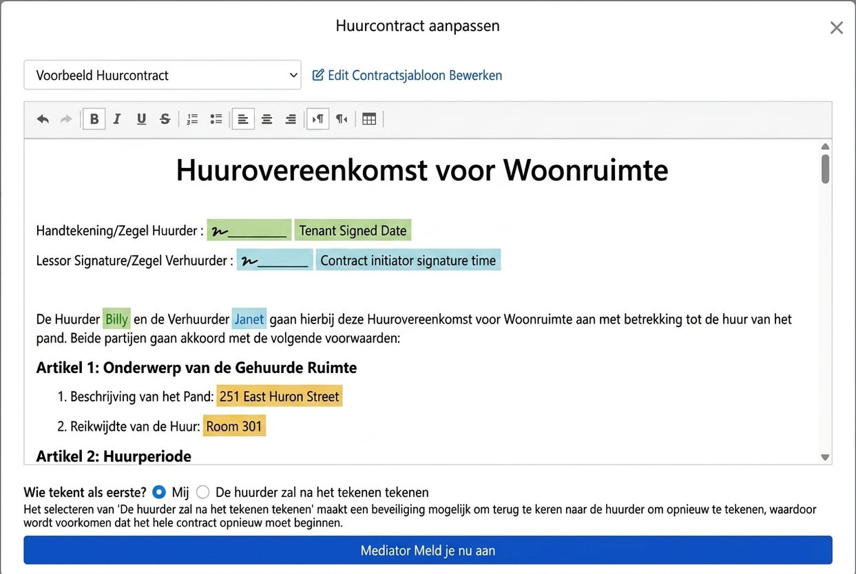 Contractsjabloon vult huurgegevens en handtekeningsvelden automatisch in