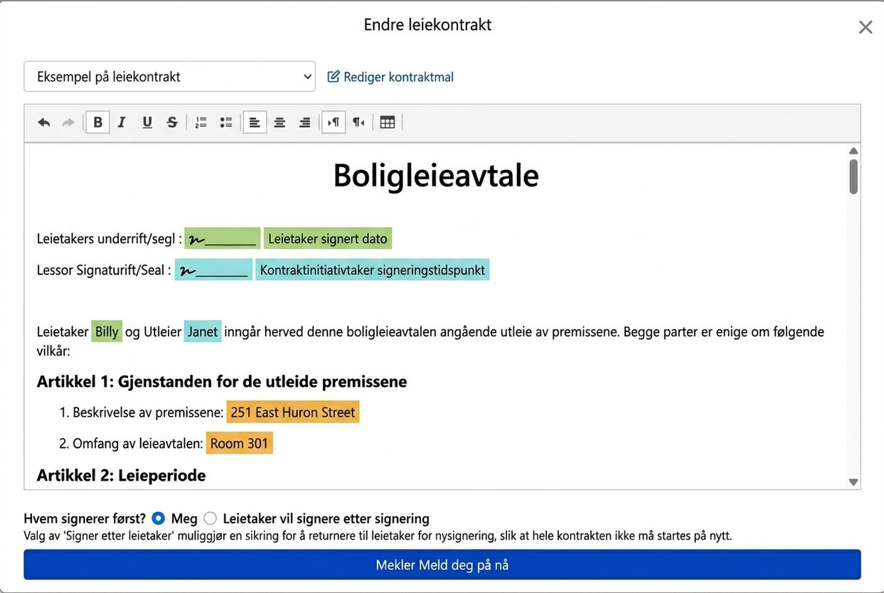 Kontraktsmalen fyller automatisk inn leieavtale- og signaturfelter