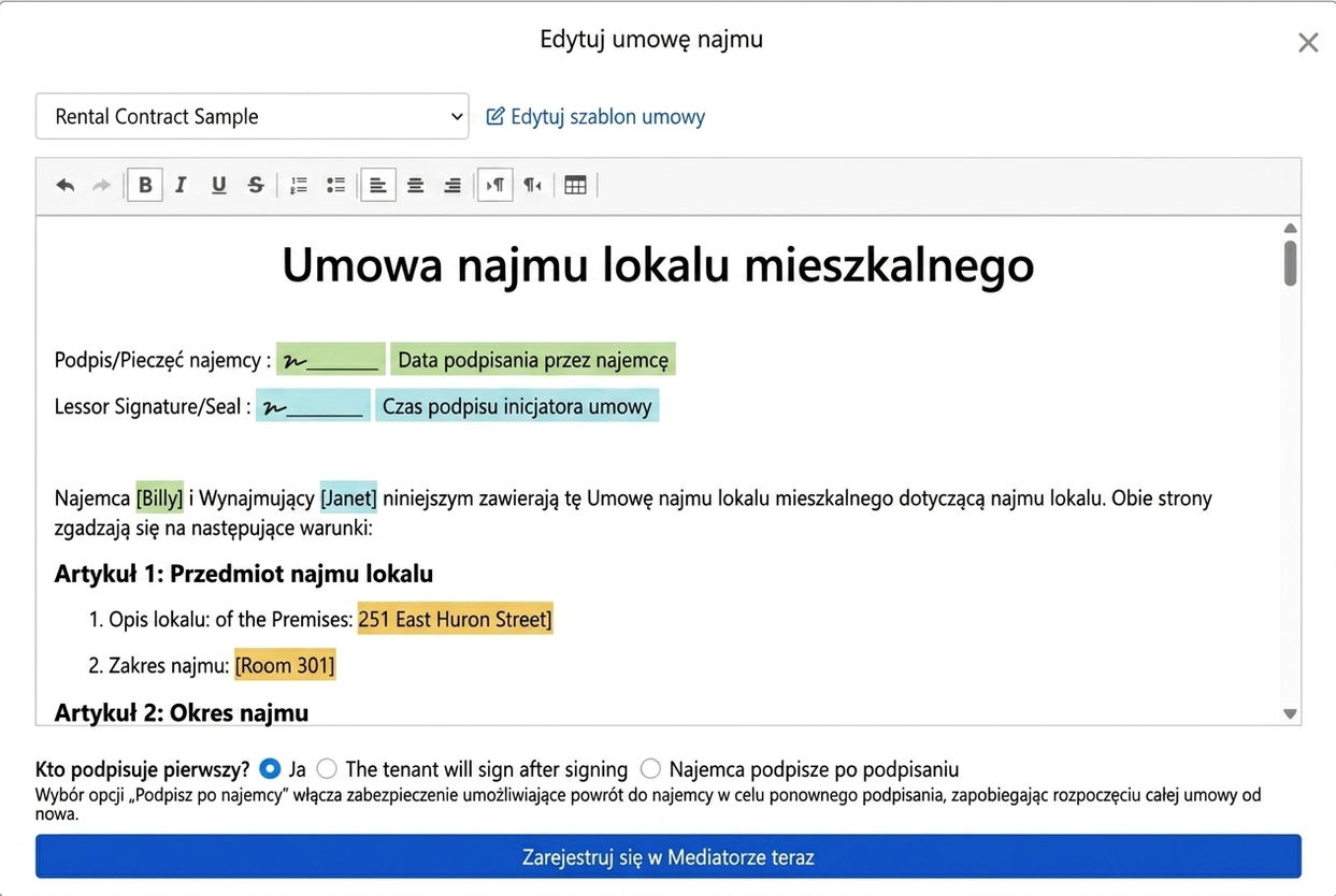 Szablon umowy automatycznie uzupełnia dane najmu i pola podpisu