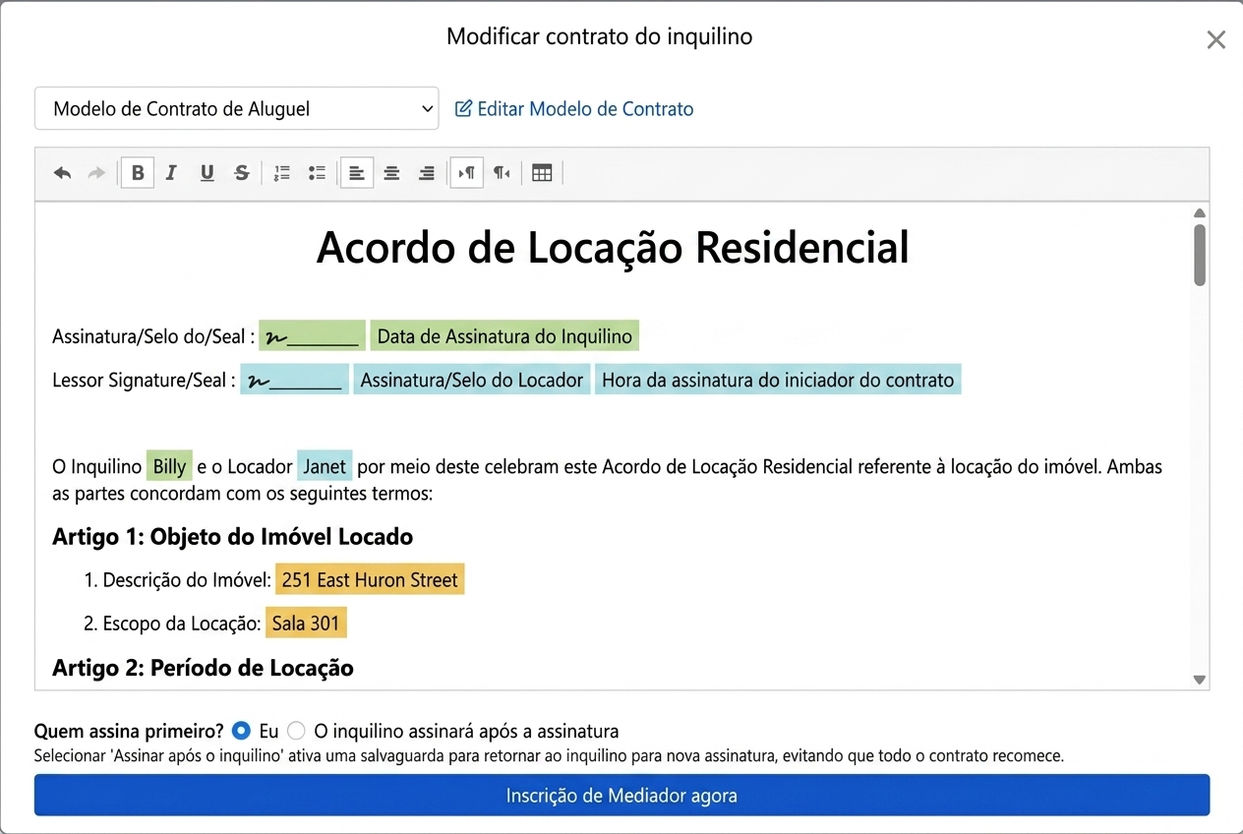 Modelo de contrato insere automaticamente detalhes de locação e campos de assinatura