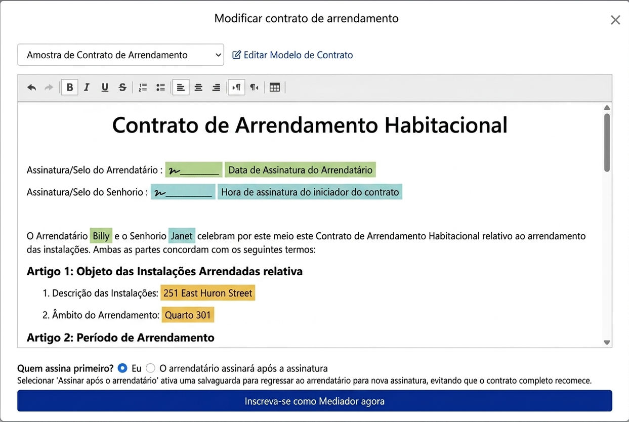 O modelo de contrato insere automaticamente dados de arrendamento e campos de assinatura