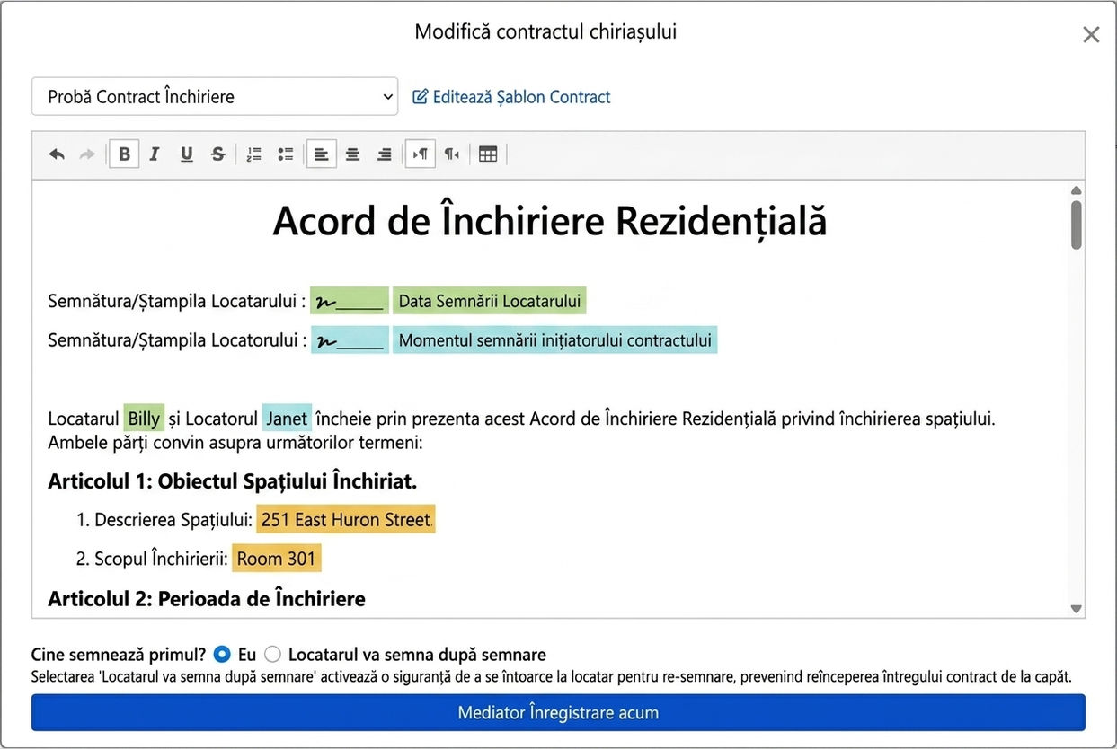 Șablonul de contract integrează automat datele de închiriere și câmpurile de semnătură