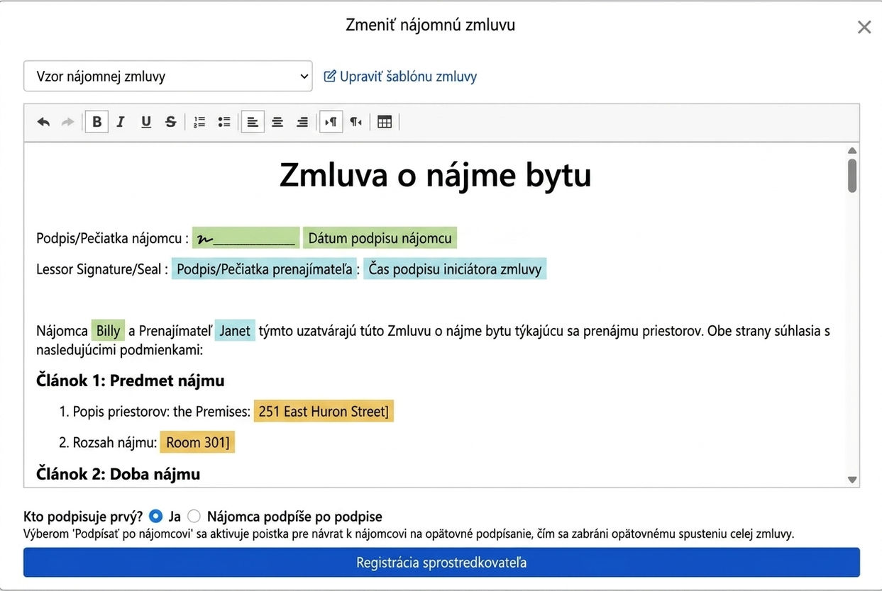 Šablóna zmluvy automaticky vyplní údaje o prenájme a podpisové polia