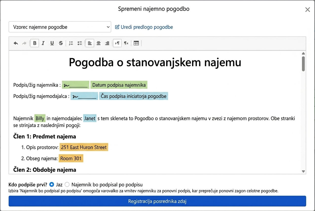 Predloga pogodbe samodejno vnese podatke o najemu in podpisna polja