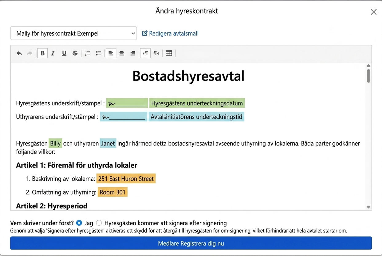 Avtalsmall fyller automatiskt i hyresdata och signaturfält