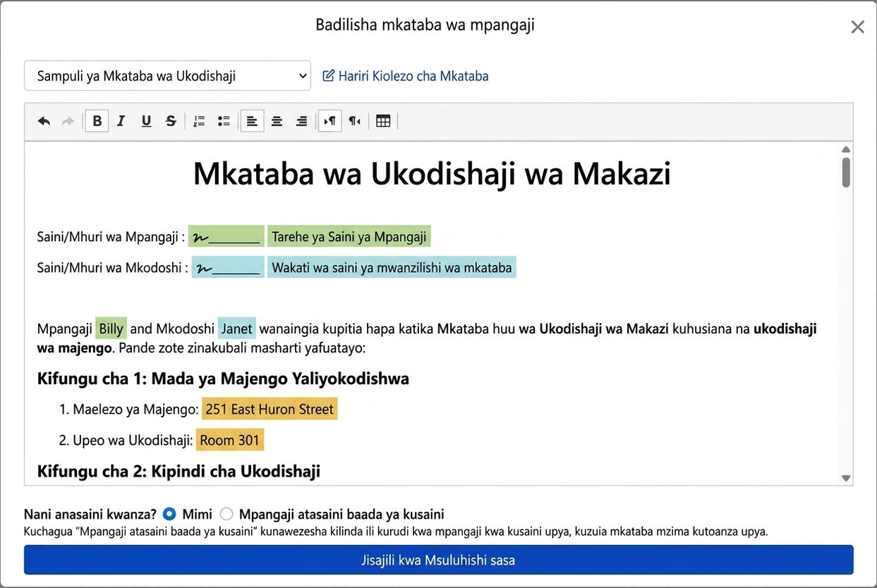 Kiolezo cha Mkataba hujaza data za mkataba na sehemu za sahihi moja kwa moja