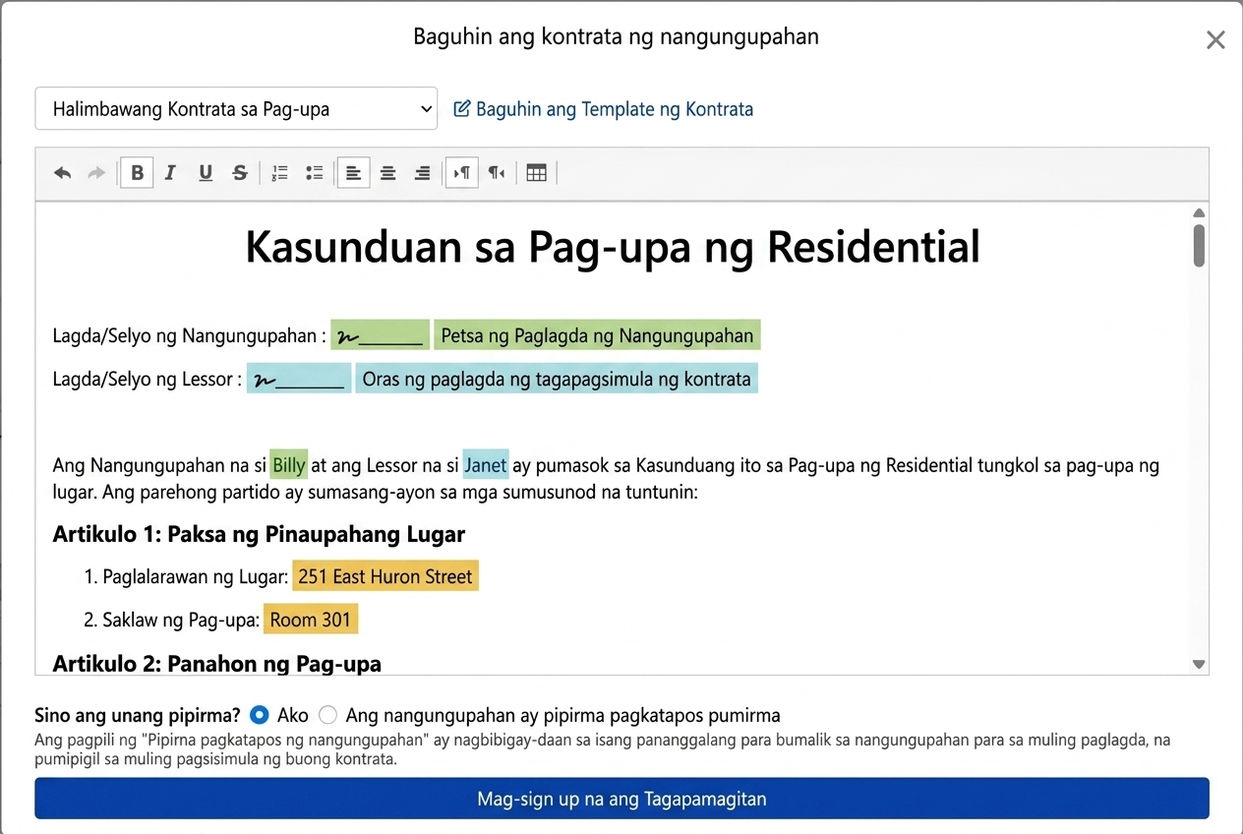 Awtomatikong nagdadala ang template ng kontrata ng impormasyon ng lease at mga puwang para sa pirmahan