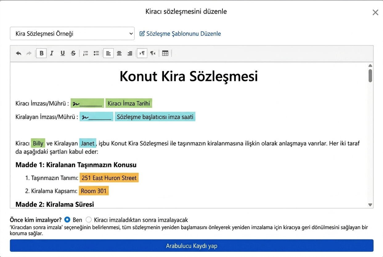 Sözleşme şablonu, kiralama bilgilerini ve imza alanlarını otomatik olarak doldurur