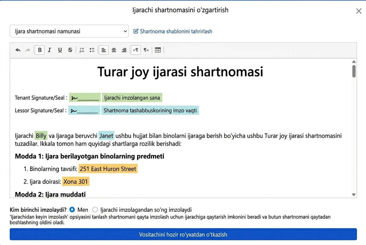 Shartnoma shabloniga ijara ma'lumotlari va imzo maydonlari avtomatik kiritiladi
