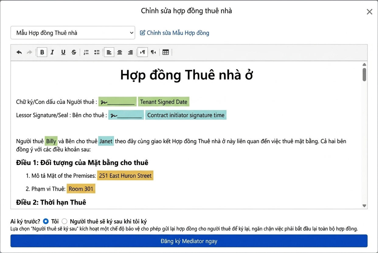Mẫu hợp đồng tự động điền thông tin thuê và ô chữ ký
