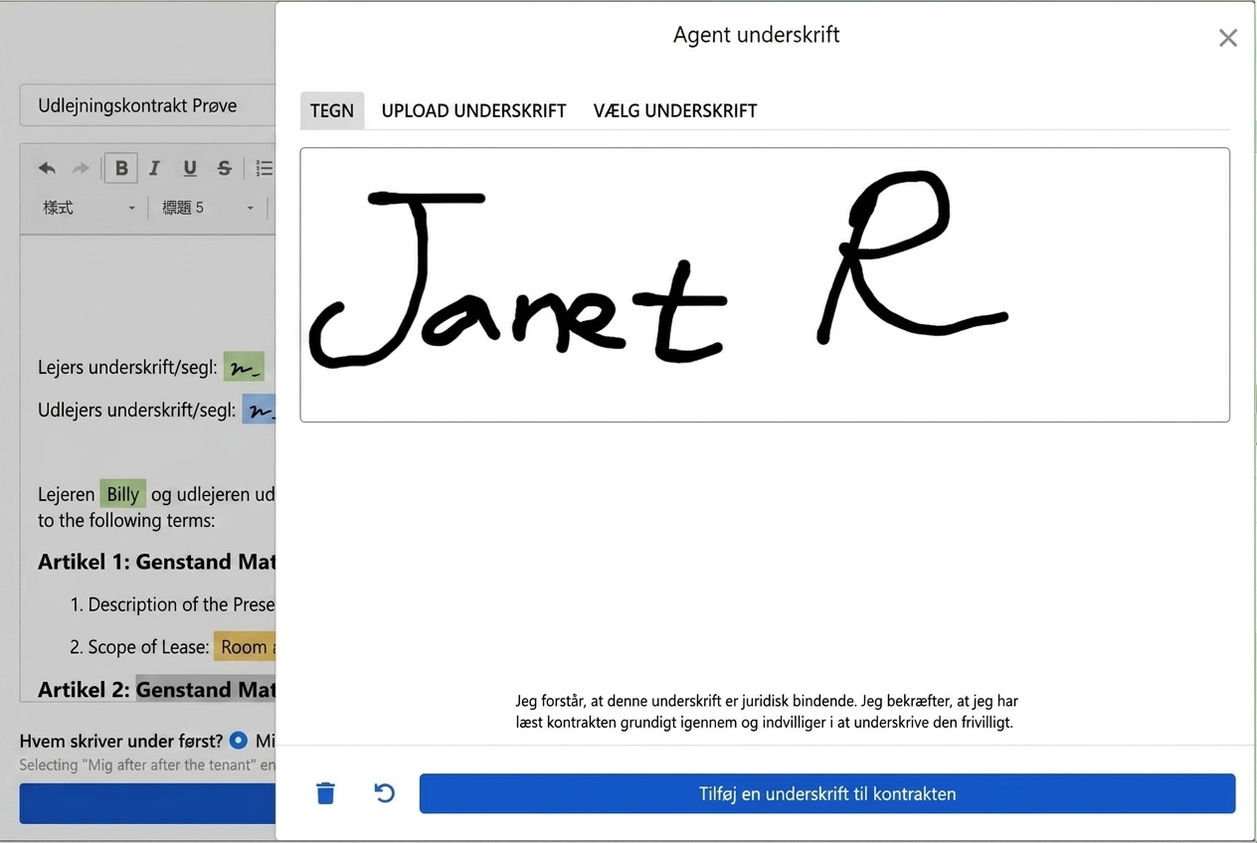 Underskriftsvindue: Tegn, upload, eller brug eksisterende underskrift