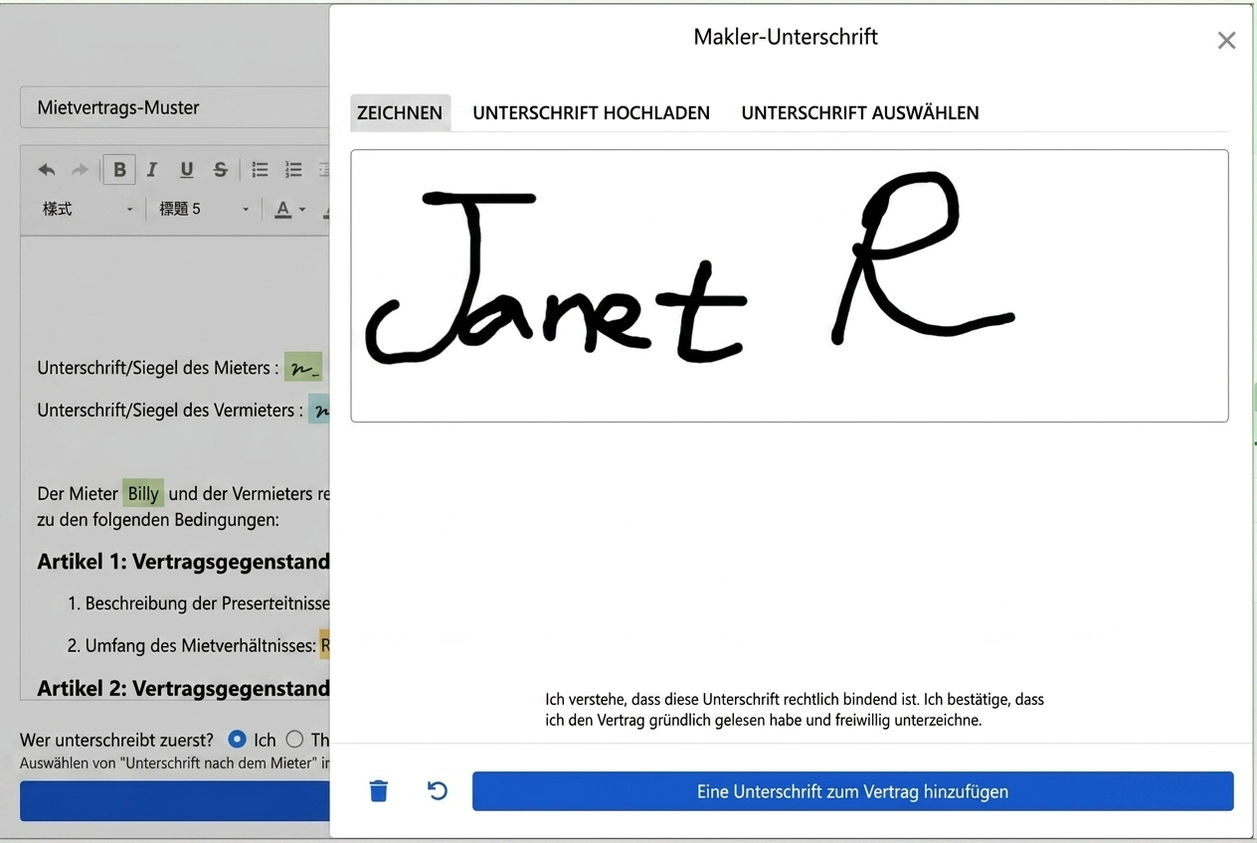 Unterschriftsfenster: Handzeichnung, Hochladen oder bestehende Unterschrift nutzen