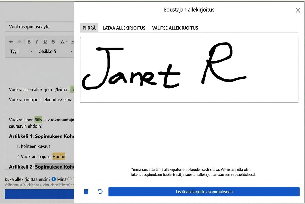 Allekirjoitusikkuna: piirrä, lataa tai käytä aiempaa allekirjoitusta