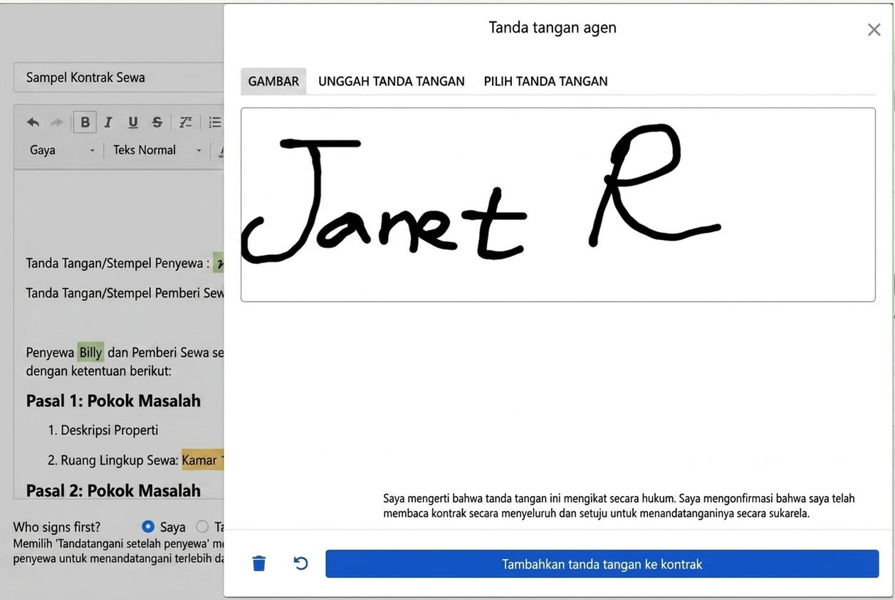 Jendela tanda tangan: menggambar, mengunggah, atau menggunakan tanda tangan yang ada