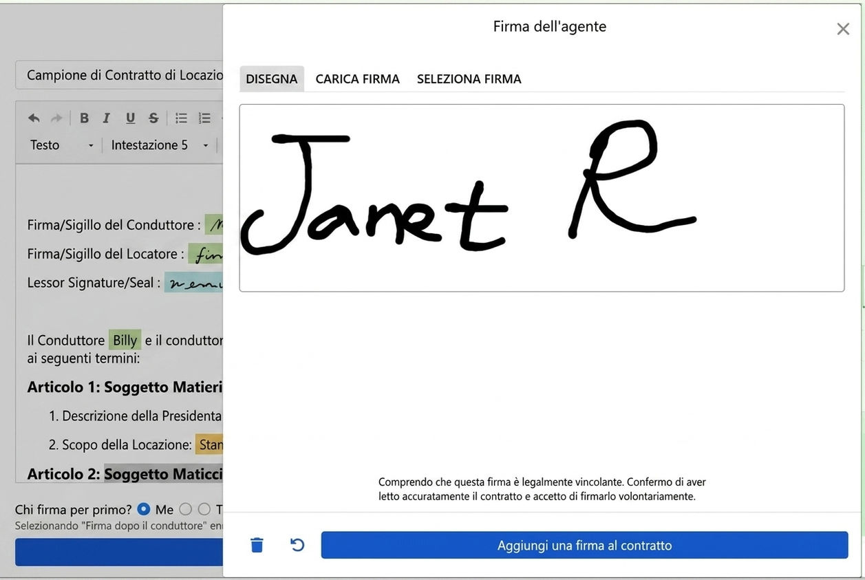 Finestra di firma: Disegna, carica o usa firma esistente