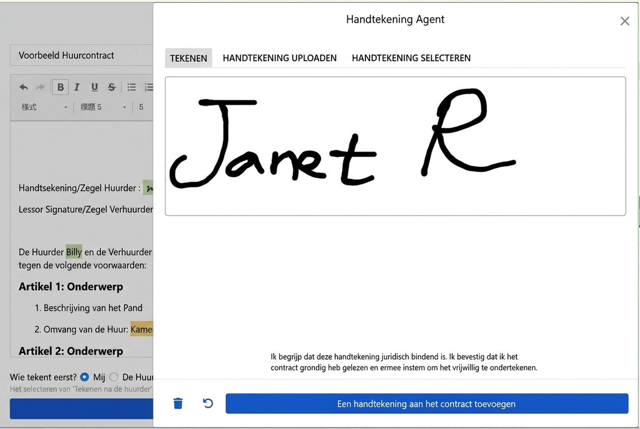 Handtekeningvenster: Teken, upload of selecteer opgeslagen handtekening