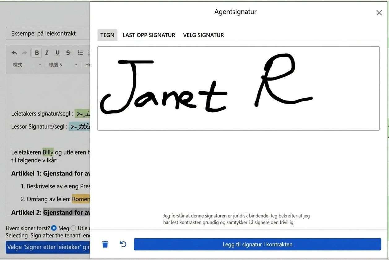 Signaturvindu: tegne, laste opp eller bruke eksisterende signatur