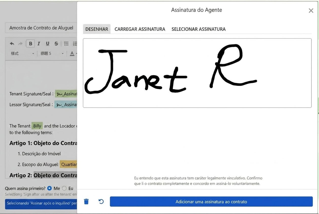 Janela de assinatura: desenhar, enviar ou usar assinatura existente