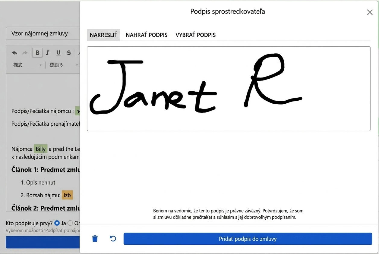 Podpisové okno: kresliť rukou, nahrať alebo použiť existujúci podpis