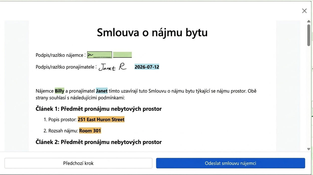 Náhled smlouvy a odeslání pro podpis nájemci