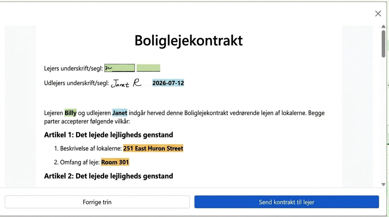 Gennemgå kontrakt og send til lejer til underskrift