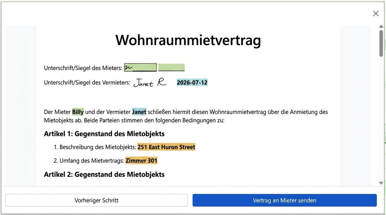 Vertrag prüfen und an Mieter zur Unterschrift senden