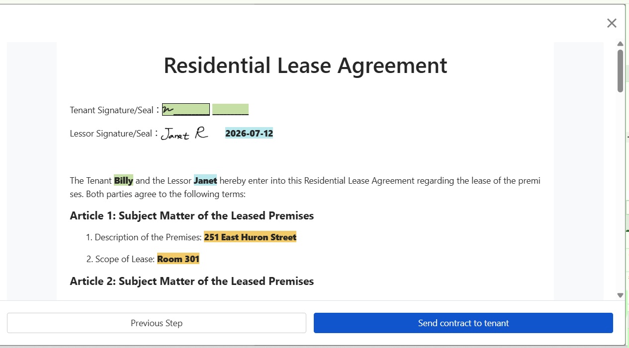 Preview and Send Contract for Tenant Signing