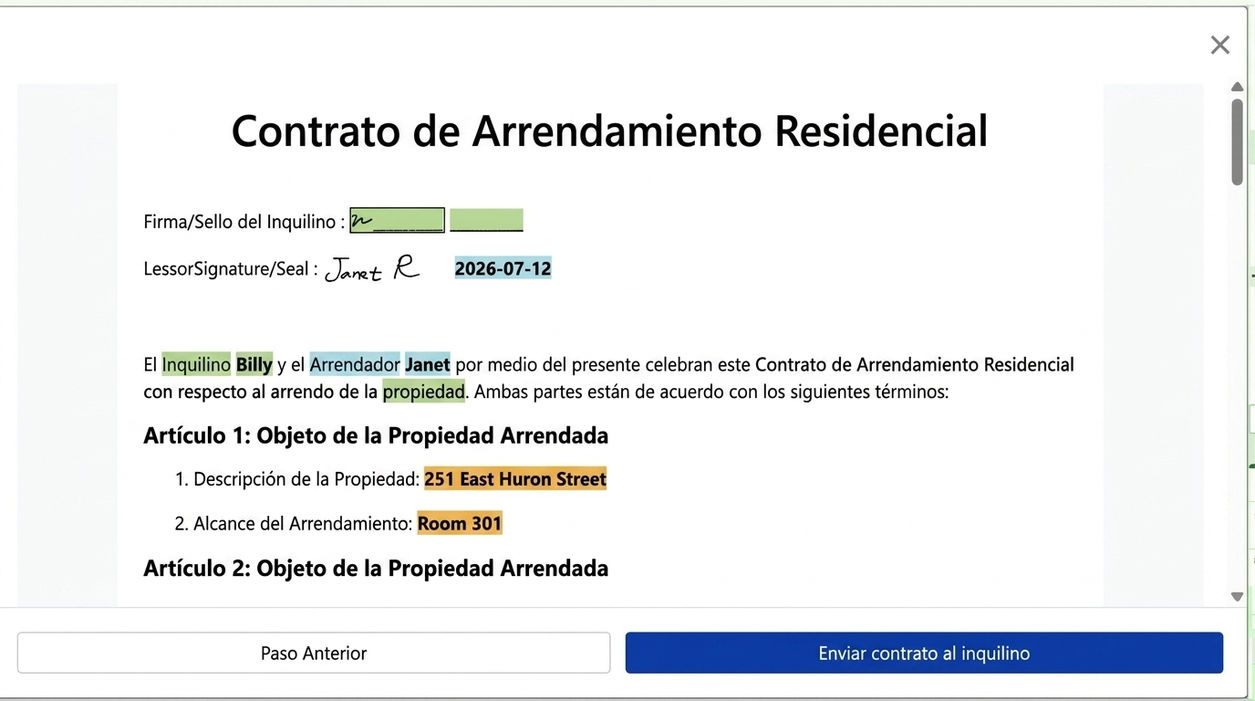 Previsualiza el contrato y envíalo al inquilino para firmar