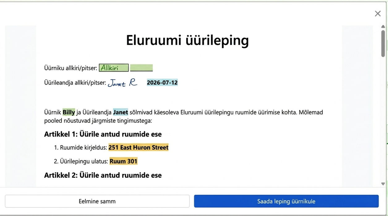 Lepingu eelvaade ja saatmine üürnikule allkirjastamiseks