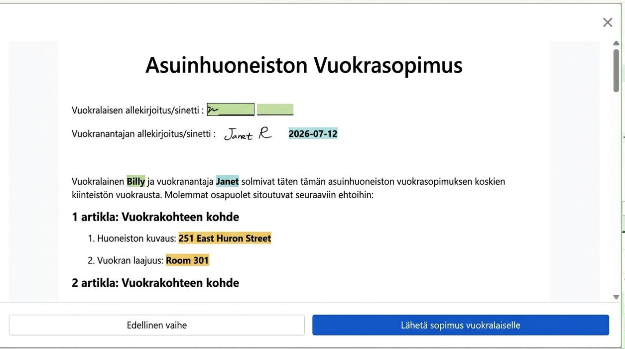 Esikatsele sopimus ja lähetä vuokralaiselle allekirjoitettavaksi