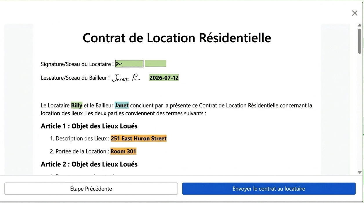 Aperçu du contrat et envoi pour signature du locataire