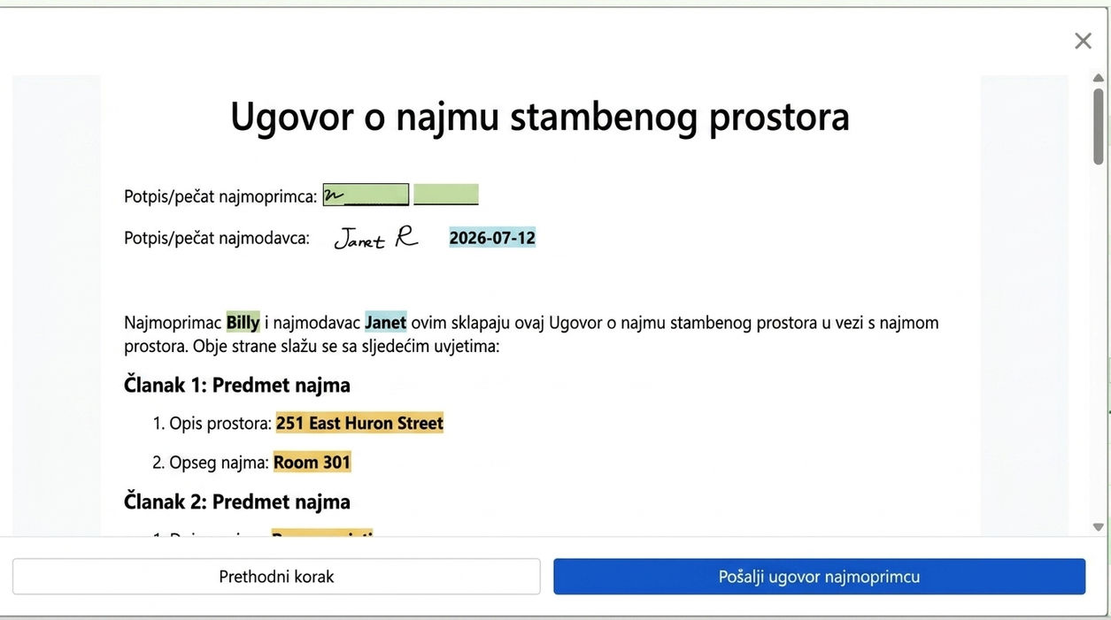 Pregledajte ugovor i pošaljite ga stanaru na potpis